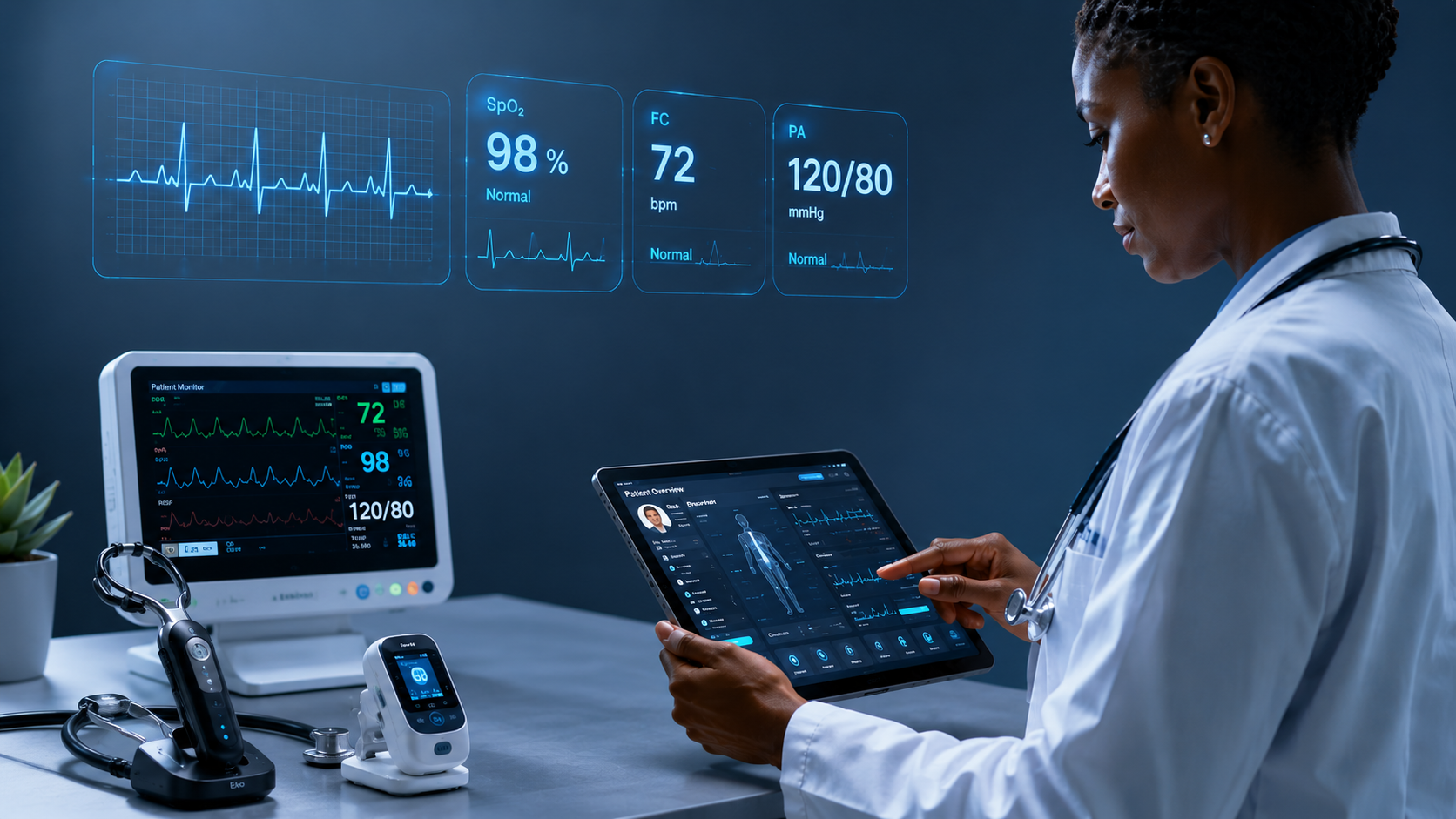 Professionnel de santé utilisant une tablette connectée avec données médicales, ECG, SpO₂, fréquence cardiaque et équipements de diagnostic